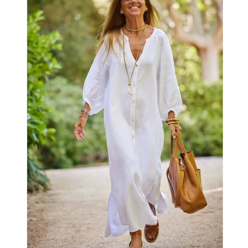 Retro Women Loose Blouse Cotton and Linen Dress Summer Female Beach Sand Three Quarter Sleeve Button Baggy Maxi Long Dresses New