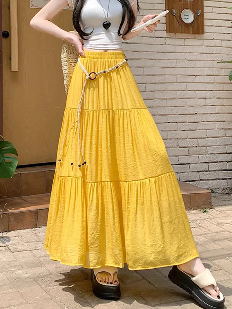 Boho Summer Cotton-Linen Midi Skirt: Flowy A-Line Pleated Long Skirt with Slimming Fit & Hip-Hiding Design for Resort Vacations