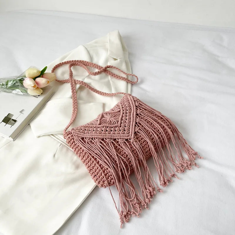 Handmade Cotton Woven Knitted Tassel Crossbody Bag Vintage Shoulder Messenger Bag Female Fashion Beach Summer Handbags for Women