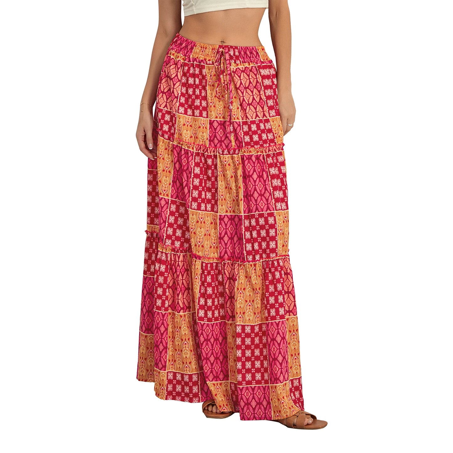 Women'S Summer Bohemian Y2K Retro Drawstring Elastic High Waist Casual Loose A-Line Swing Long Skirt with Pockets