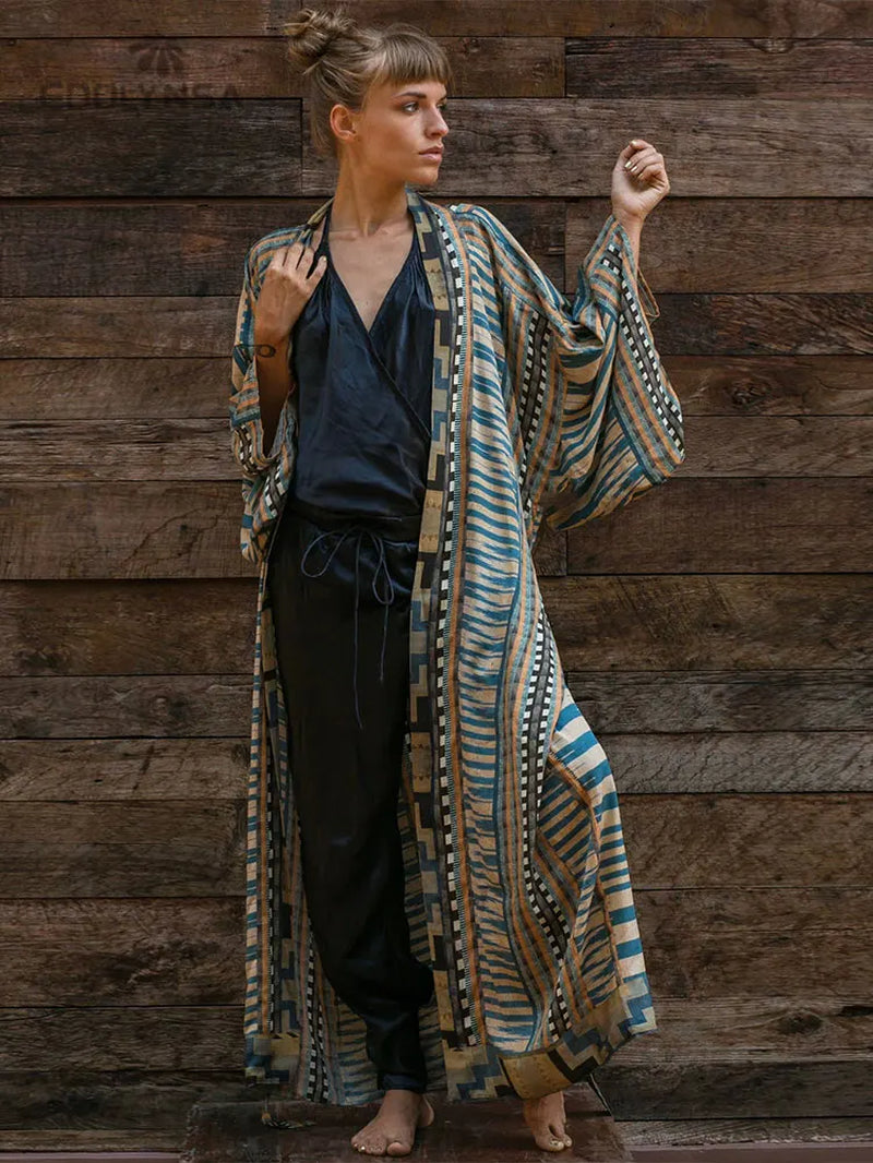 Bohemian Printed Bikini Cover-Ups Elegant Self Belted Kimono Dress Tunic Women plus Size Beach Wear Swim Suit Cover up Q1228