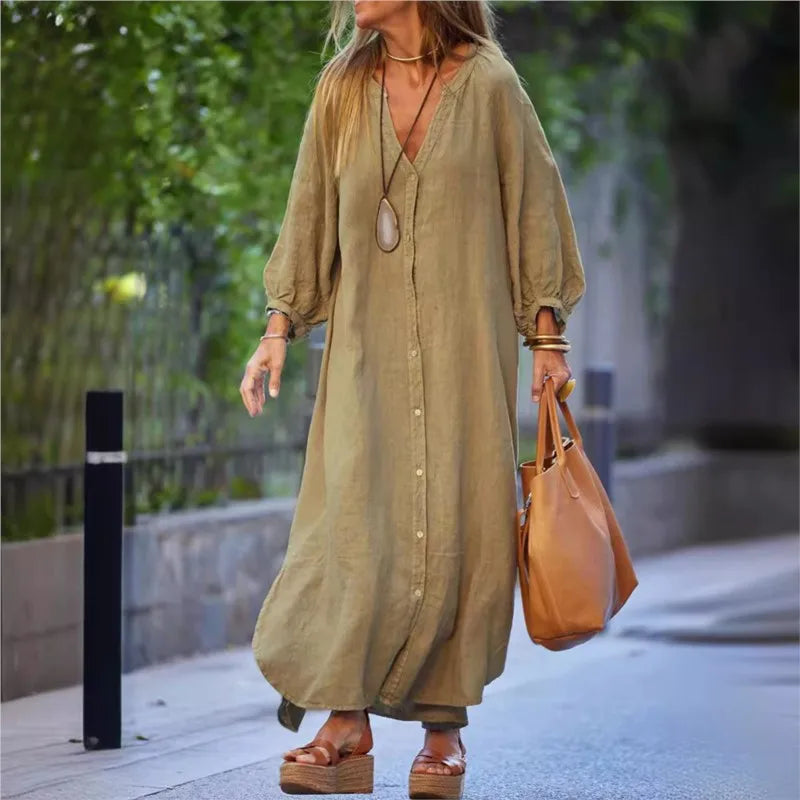 Retro Women Loose Blouse Cotton and Linen Dress Summer Female Beach Sand Three Quarter Sleeve Button Baggy Maxi Long Dresses New