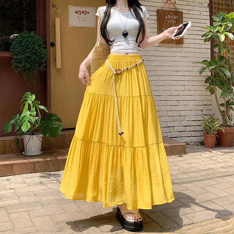 Boho Summer Cotton-Linen Midi Skirt: Flowy A-Line Pleated Long Skirt with Slimming Fit & Hip-Hiding Design for Resort Vacations