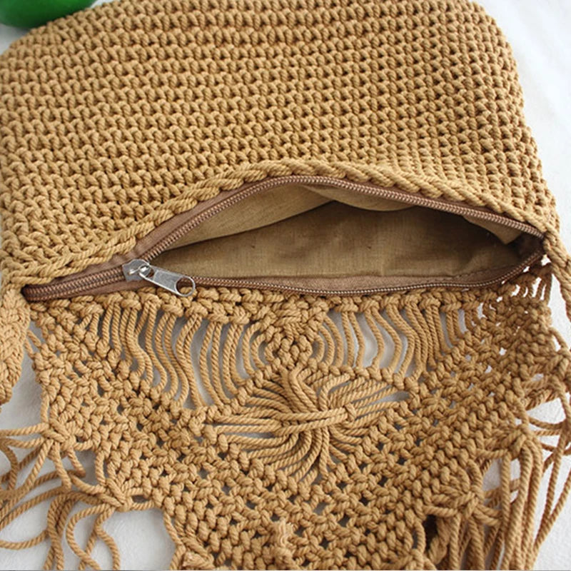 Handmade Cotton Woven Knitted Tassel Crossbody Bag Vintage Shoulder Messenger Bag Female Fashion Beach Summer Handbags for Women