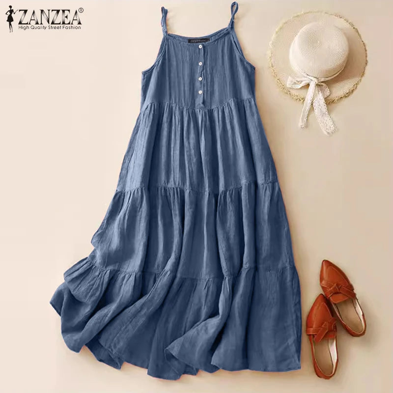 Summer Women Spaghetti Strap Holiday Midi Dress 2024 Stylish Solid Ruffles Sundress Elegant Casual A-Line Party Vestidos