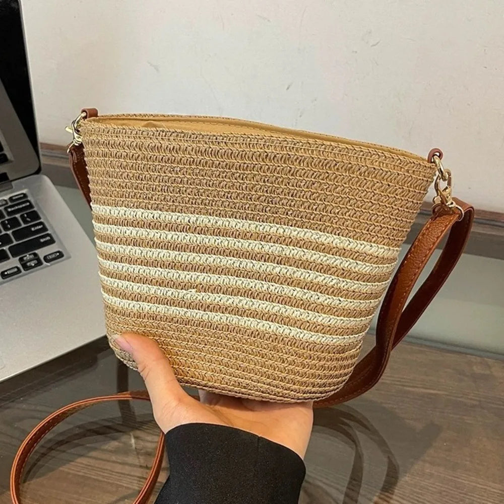 Summer Straw Tote Bags Casual Vacation Beach Crossbody Bag Large Capacity Handmade Women'S Bucket Bag