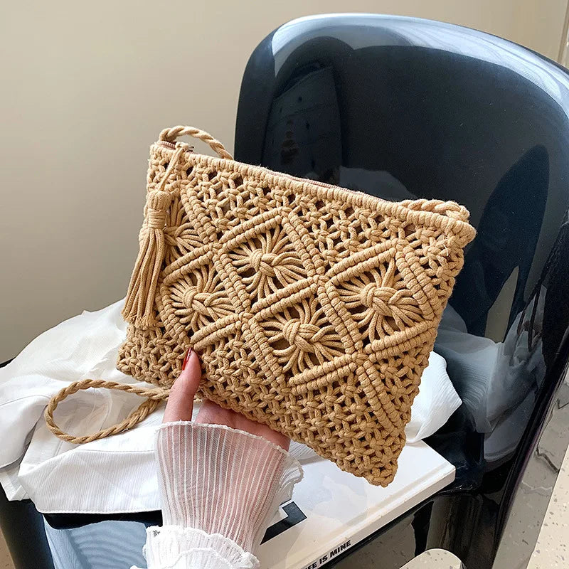 Handmade Cotton Woven Knitted Tassel Crossbody Bag Vintage Shoulder Messenger Bag Female Fashion Beach Summer Handbags for Women