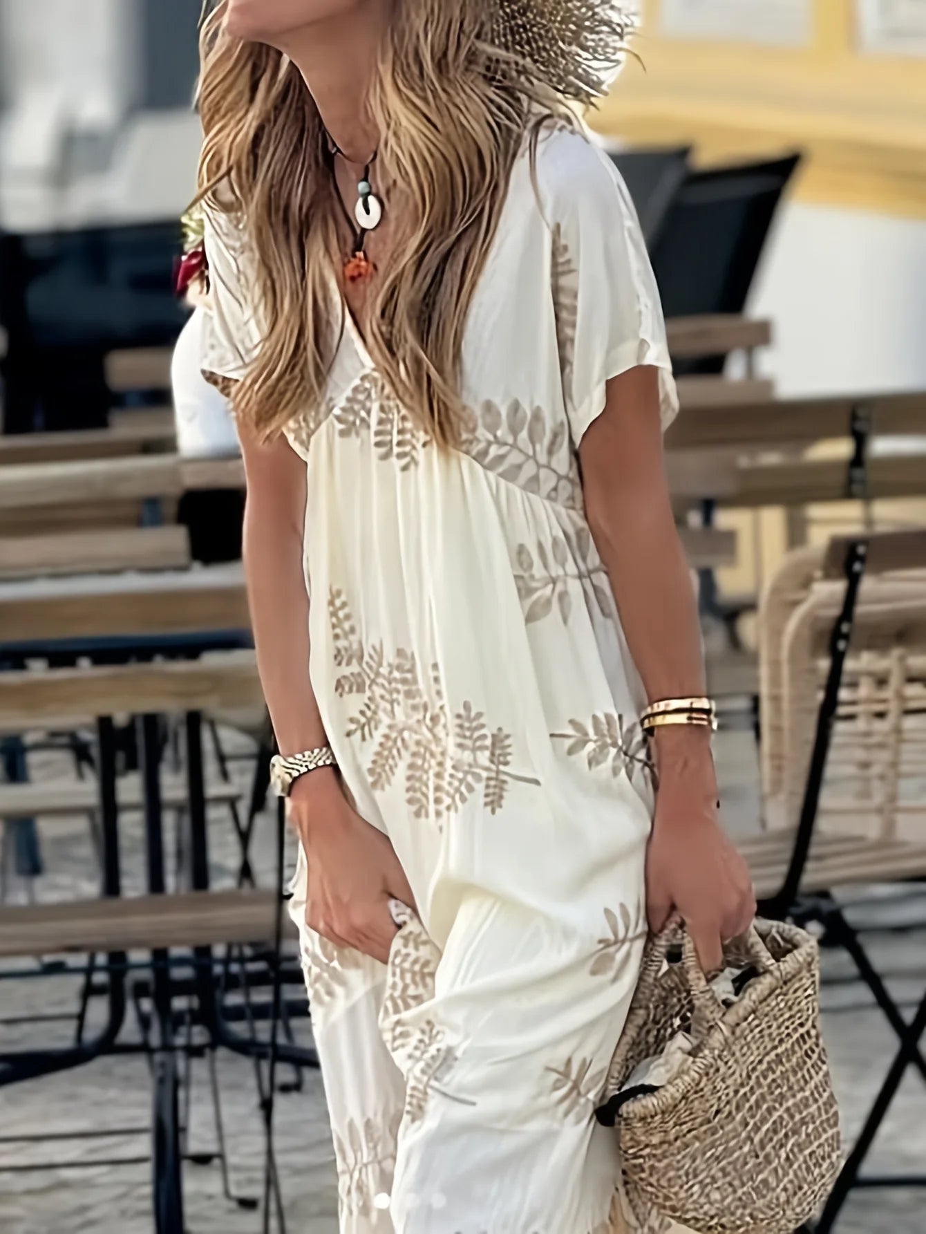 Summer Women'S Beach Dress Beach Vacation Style New Fashion Print V-Neck Loose Hem Skirt Comfortable Casual Dress for Women