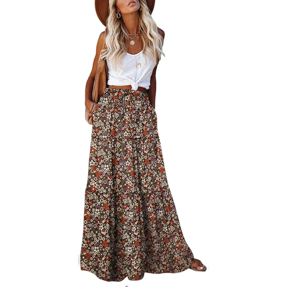 2025 New Bohemian Style Printed Women'S Skirt, with Elastic Belt Design and Pockets