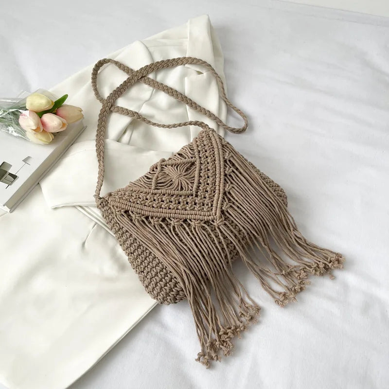 Handmade Cotton Woven Knitted Tassel Crossbody Bag Vintage Shoulder Messenger Bag Female Fashion Beach Summer Handbags for Women