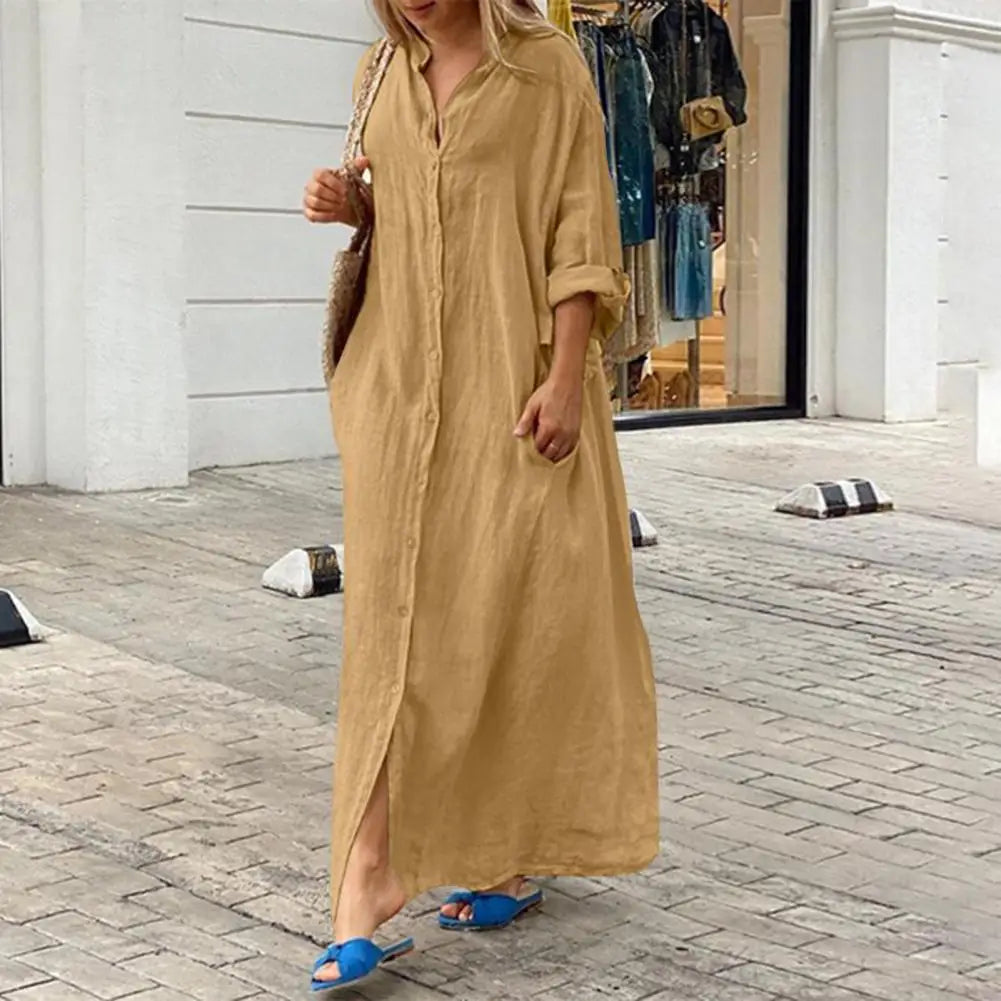 Women A-Line Dress Elegant Maxi Dress with V Neck Pockets for Women Soft Breathable Ankle Length Summer for Spring