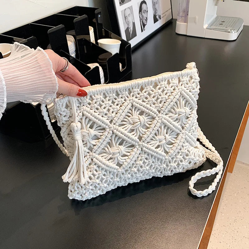 Handmade Cotton Woven Knitted Tassel Crossbody Bag Vintage Shoulder Messenger Bag Female Fashion Beach Summer Handbags for Women