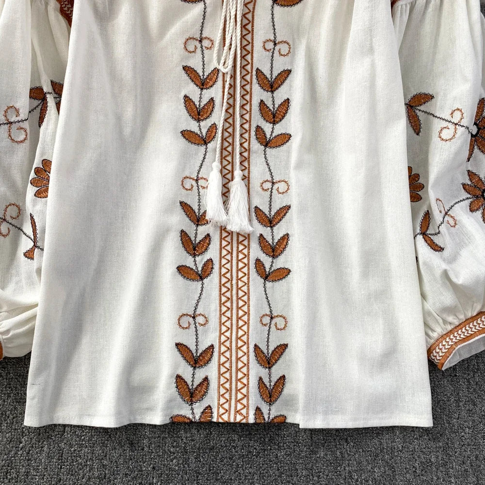 Blusa Mujer O-Neck Floral Embroidery Lantern Sleeve Spring and Autumn Blouse Women 2023 Loose Camisas Ethnic Style Dropshipping