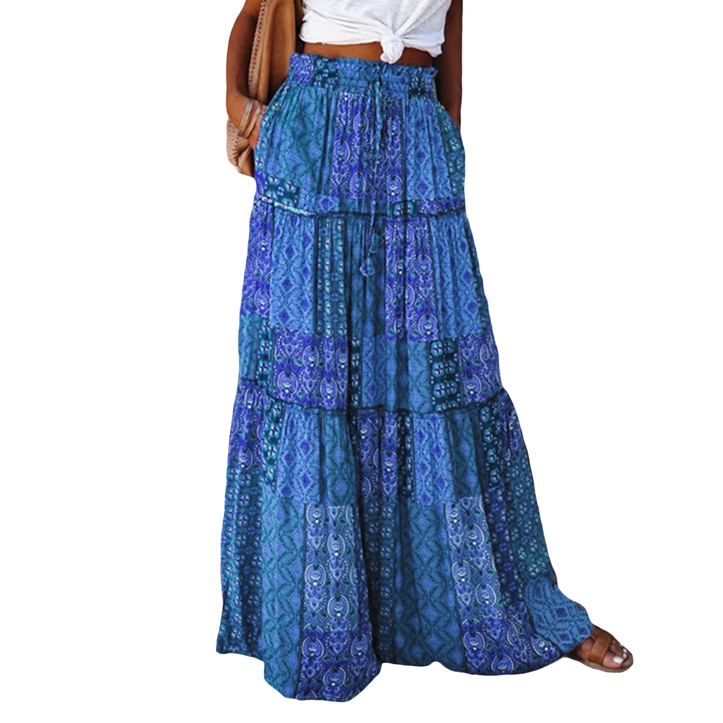 Women'S Summer Bohemian Y2K Retro Drawstring Elastic High Waist Casual Loose A-Line Swing Long Skirt with Pockets