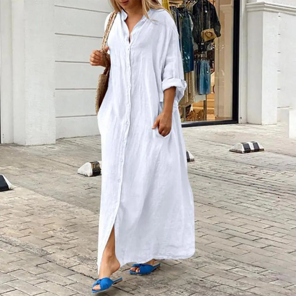 Women A-Line Dress Elegant Maxi Dress with V Neck Pockets for Women Soft Breathable Ankle Length Summer for Spring