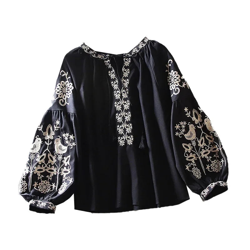 Fashionable Ethnic Style Long Sleeve Cotton Linen Shirt Embroidered Loose Fit Casual Women'S Autumn Top