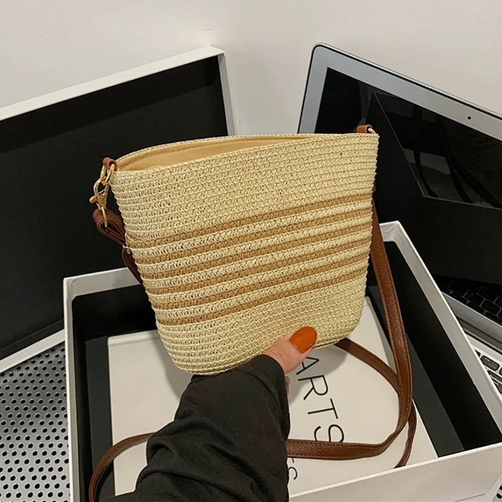 Summer Straw Tote Bags Casual Vacation Beach Crossbody Bag Large Capacity Handmade Women'S Bucket Bag