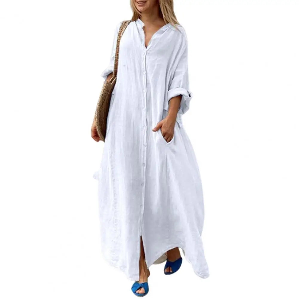 Women A-Line Dress Elegant Maxi Dress with V Neck Pockets for Women Soft Breathable Ankle Length Summer for Spring