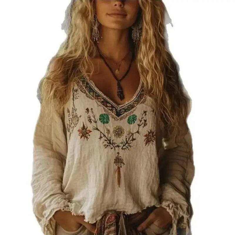 Women V-Neck Ethnic Style Long-Sleeved Top Bohemian Vacation Retro Print Casual Blouse Shirt Vintage Autumn Blouse Top 2025