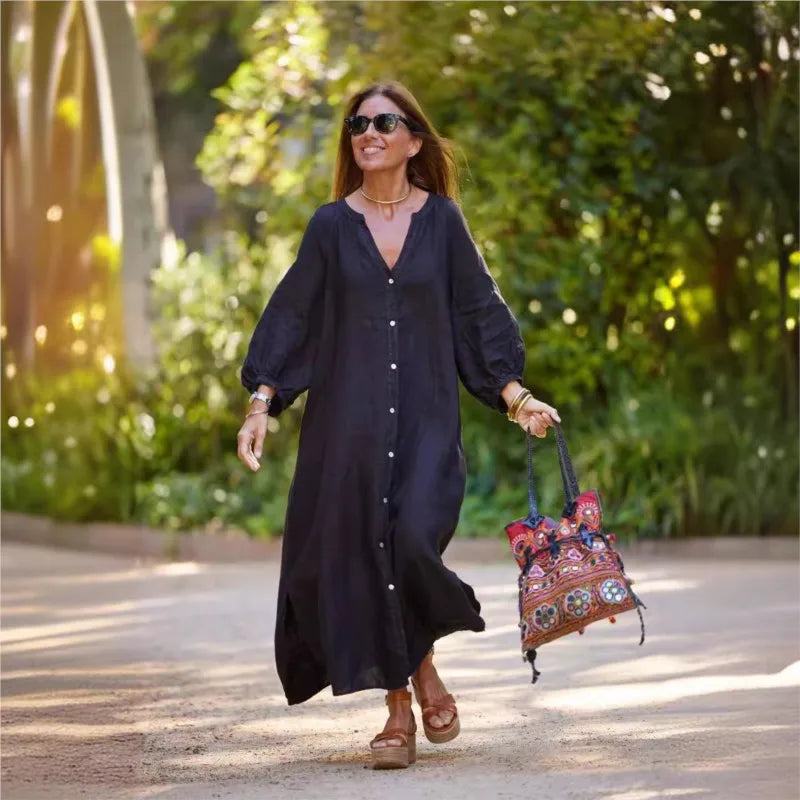 Retro Women Loose Blouse Cotton and Linen Dress Summer Female Beach Sand Three Quarter Sleeve Button Baggy Maxi Long Dresses New