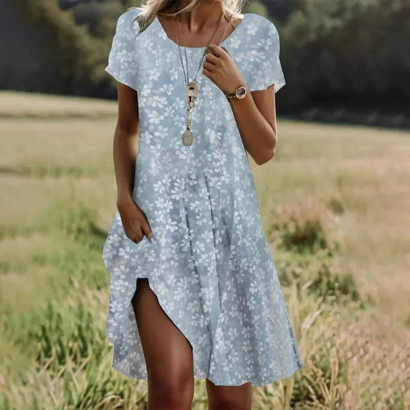 Artistic Ethnic Style round Neck Medium-Length Dress Summer Best Seller Independent Store Exclusive Limited Time Offer
