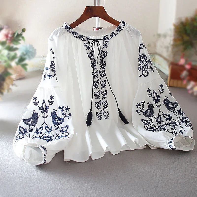 Fashionable Ethnic Style Long Sleeve Cotton Linen Shirt Embroidered Loose Fit Casual Women'S Autumn Top