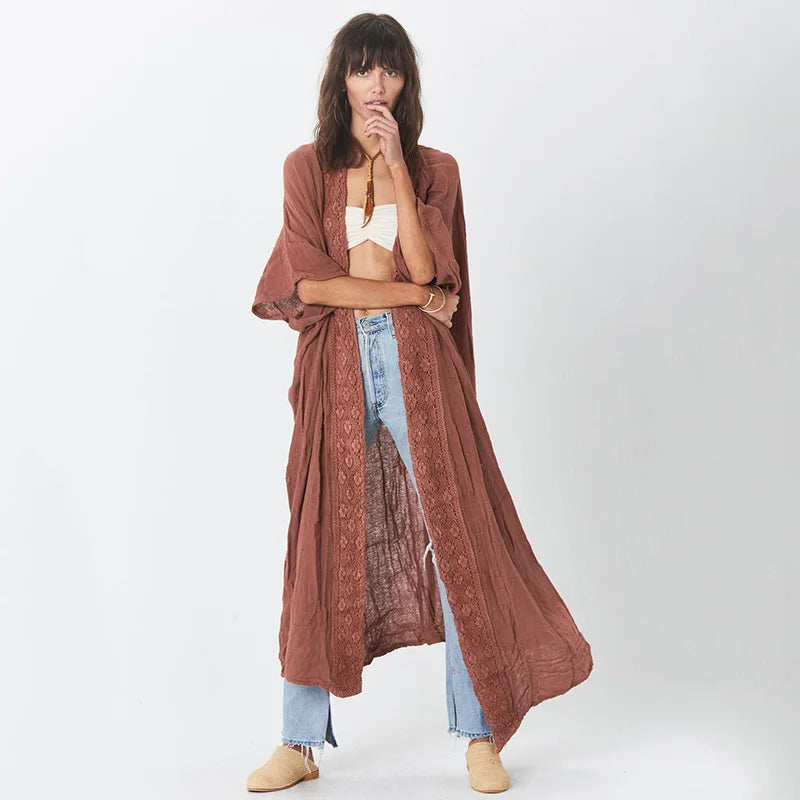 Beach Cover up Women Kimono Lace Trim Bohemian Swimsuit Cape Casual Solid Pareo Summer Beachwear Bathing Suits Outfits