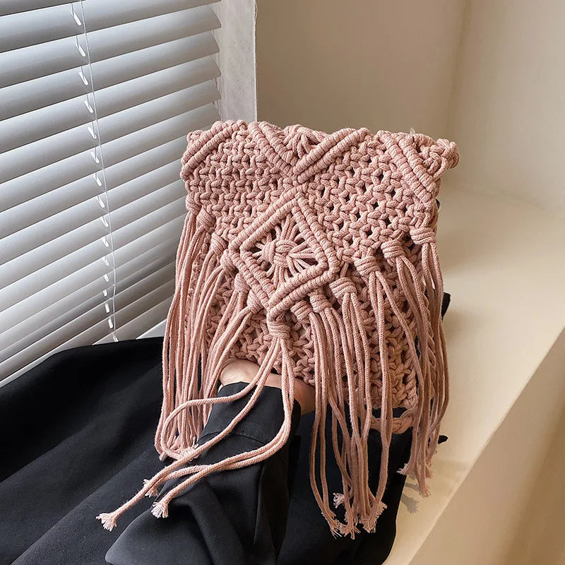 Handmade Cotton Woven Knitted Tassel Crossbody Bag Vintage Shoulder Messenger Bag Female Fashion Beach Summer Handbags for Women