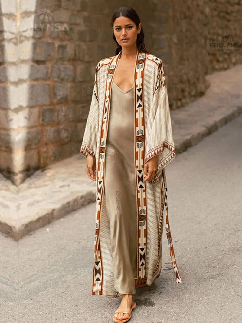 Bohemian Printed Bikini Cover-Ups Elegant Self Belted Kimono Dress Tunic Women plus Size Beach Wear Swim Suit Cover up Q1228