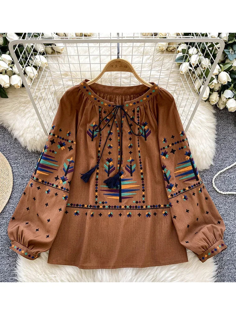 Women'S Spring Autumn Blouse round Neck Lace up Long Sleeved Shirt Embroidered Loose Slimming Casual Pullover Top Trendy BL038