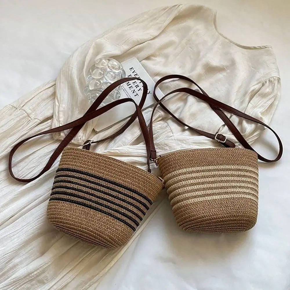 Summer Straw Tote Bags Casual Vacation Beach Crossbody Bag Large Capacity Handmade Women'S Bucket Bag