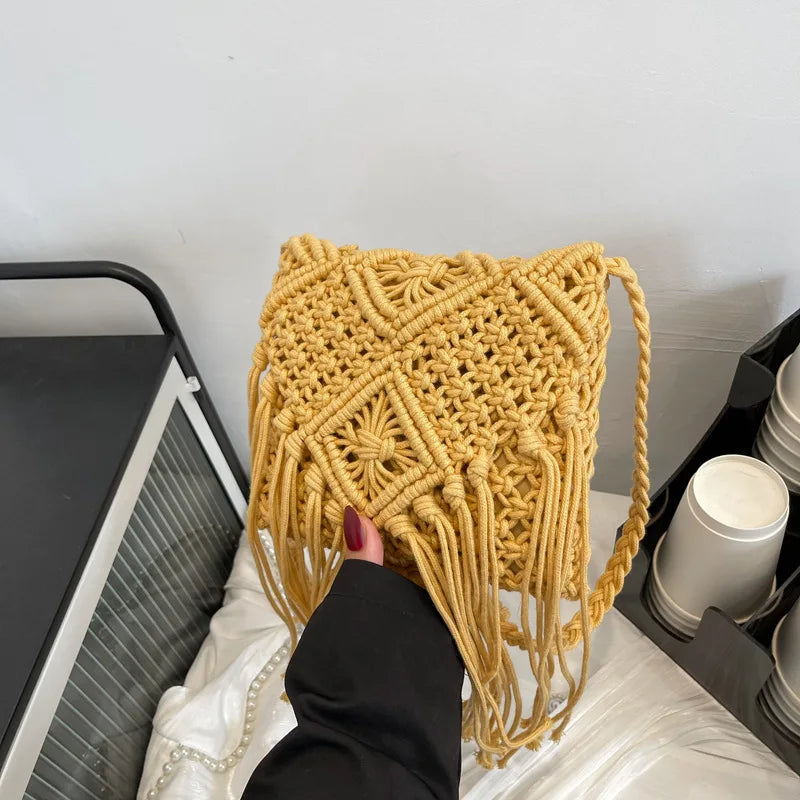 Handmade Cotton Woven Knitted Tassel Crossbody Bag Vintage Shoulder Messenger Bag Female Fashion Beach Summer Handbags for Women