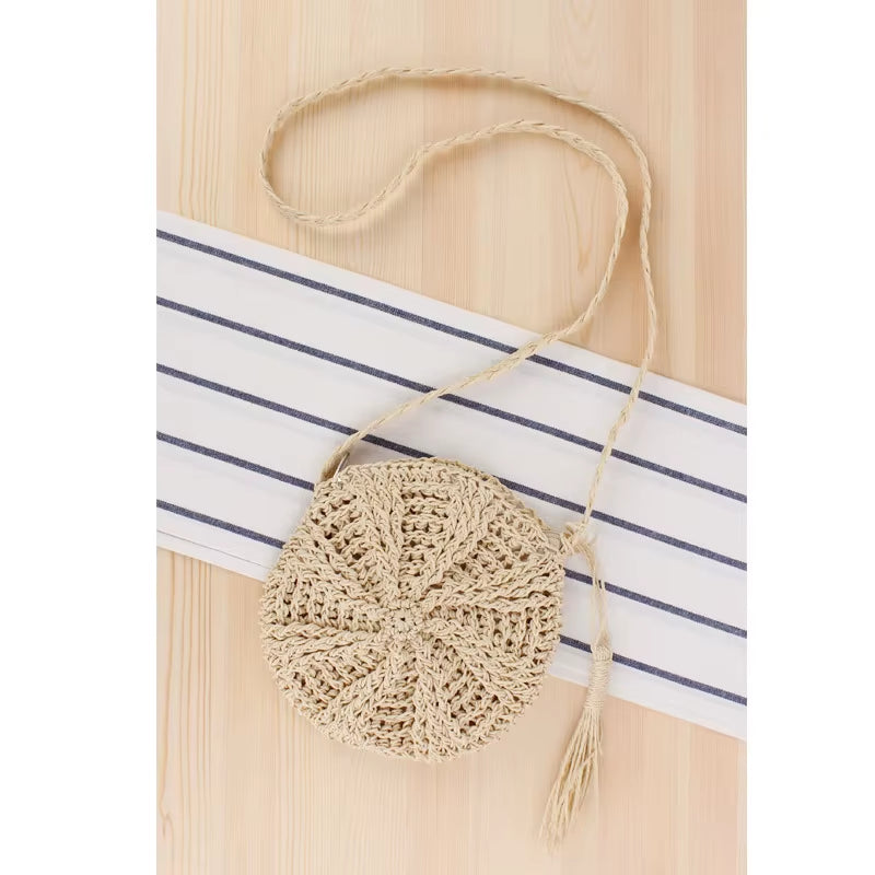 Rattan Woven round Women Straw Bag Handbag Knit Summer Beach Bag Woman Shoulder Messenger Bag Tassel Khaki Beige Bags