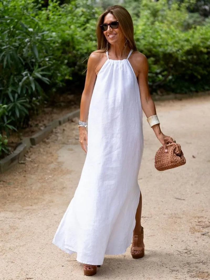 Women'S Halter Slit Cotton Linen Dress Vintage Simple Style Sleeveless Solid Vestidos Maxi Dress Summer Loose Holiday Party Robe