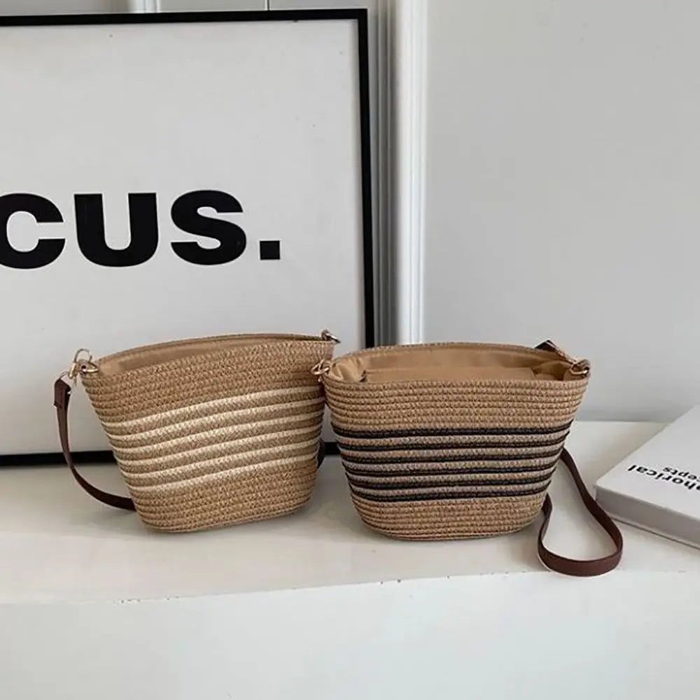 Summer Straw Tote Bags Casual Vacation Beach Crossbody Bag Large Capacity Handmade Women'S Bucket Bag