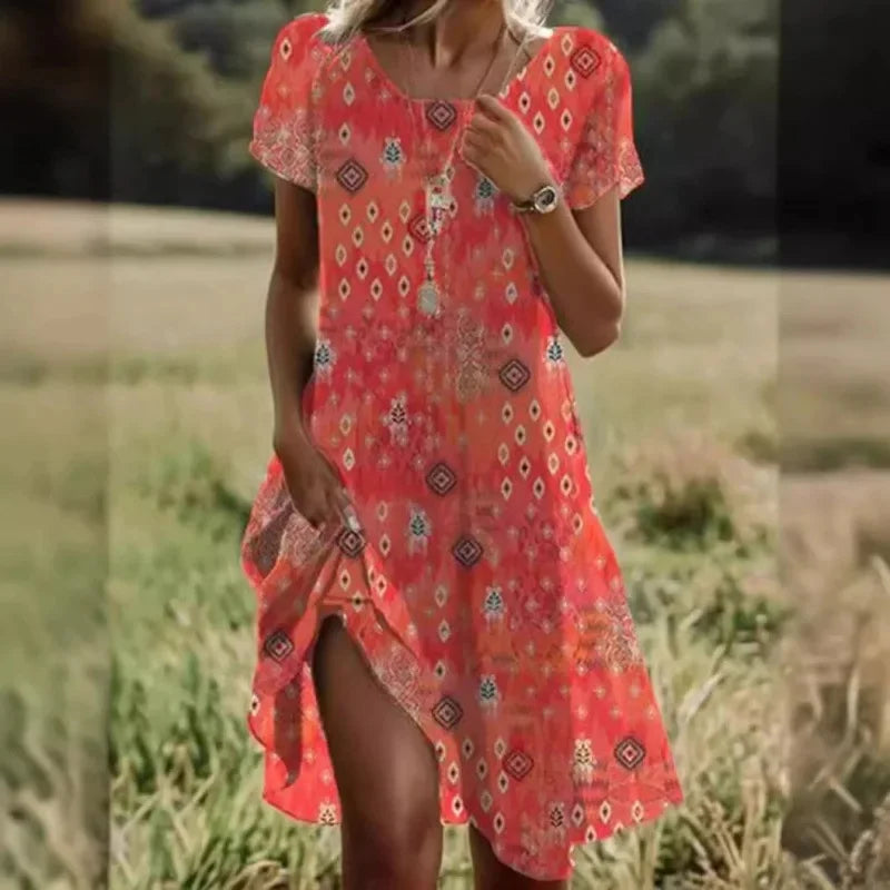 Artistic Ethnic Style round Neck Medium-Length Dress Summer Best Seller Independent Store Exclusive Limited Time Offer