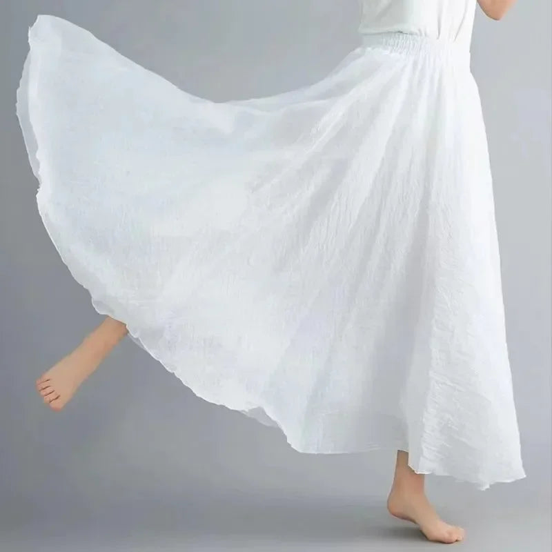 2025 Boho Beach Women'S Skirt - Linen Cotton Blend Elastic Waist Long Pleated Maxi, Vintage Summer Casual Skirt Faldas Saia