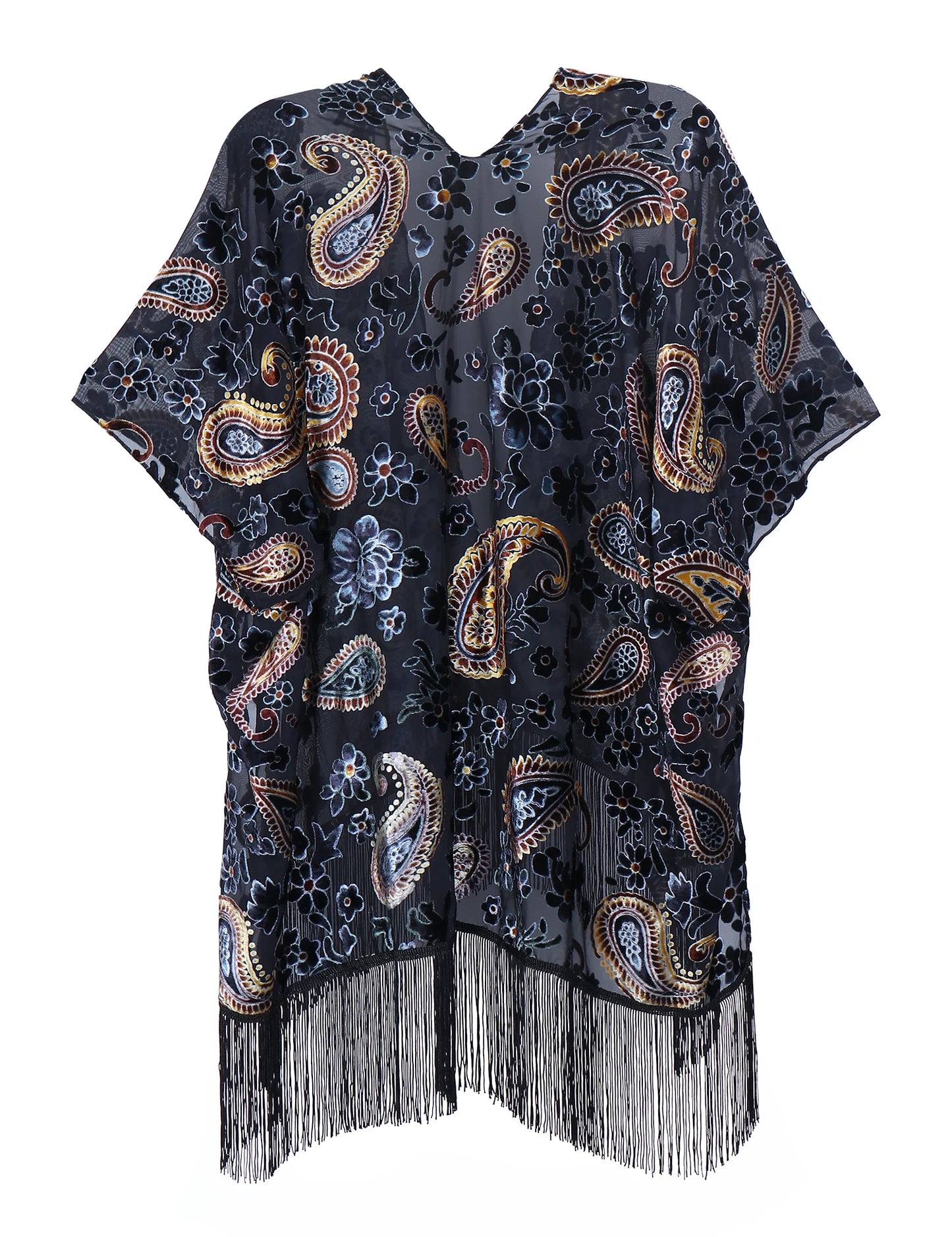 -Fashion Burnout Velvet Kimono with Tassels, Womens Burnout Velvet Kimono Duster, Holiday Casual Kimonos Cardigan