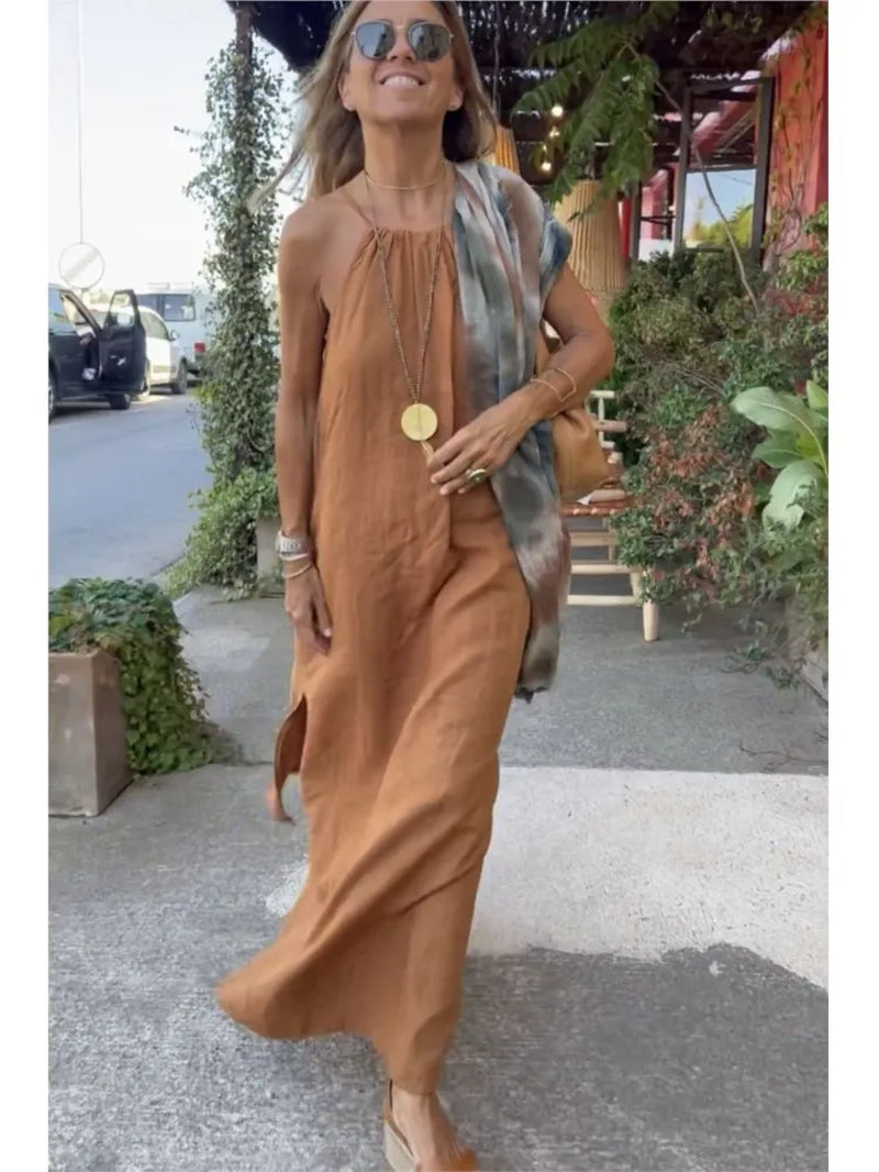 Women'S Halter Slit Cotton Linen Dress Vintage Simple Style Sleeveless Solid Vestidos Maxi Dress Summer Loose Holiday Party Robe