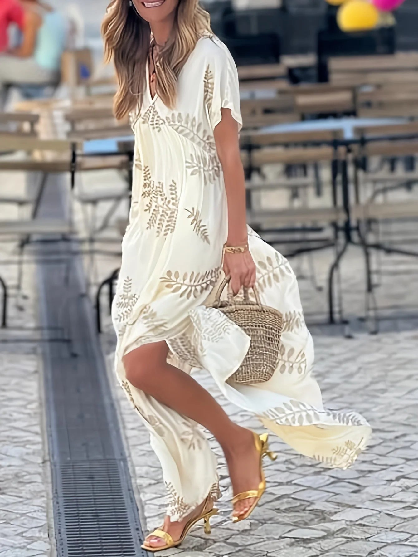 Summer Women'S Beach Dress Beach Vacation Style New Fashion Print V-Neck Loose Hem Skirt Comfortable Casual Dress for Women