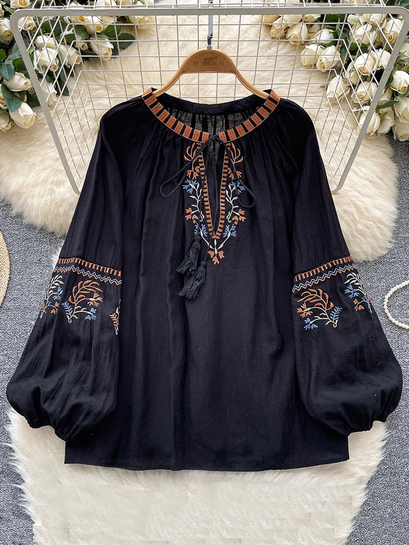 Spring Autumn Literature Fashion Embroidered Lantern Sleeve Blouse Women'S New Loose Versatile Casual Bohemian Holiday Top D22