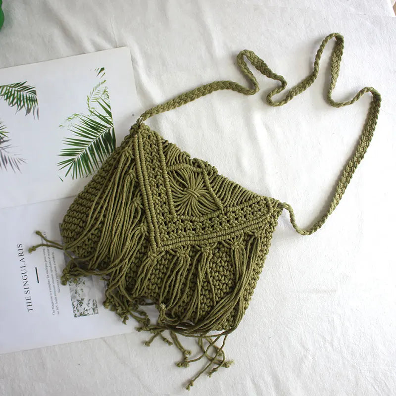 Handmade Cotton Woven Knitted Tassel Crossbody Bag Vintage Shoulder Messenger Bag Female Fashion Beach Summer Handbags for Women