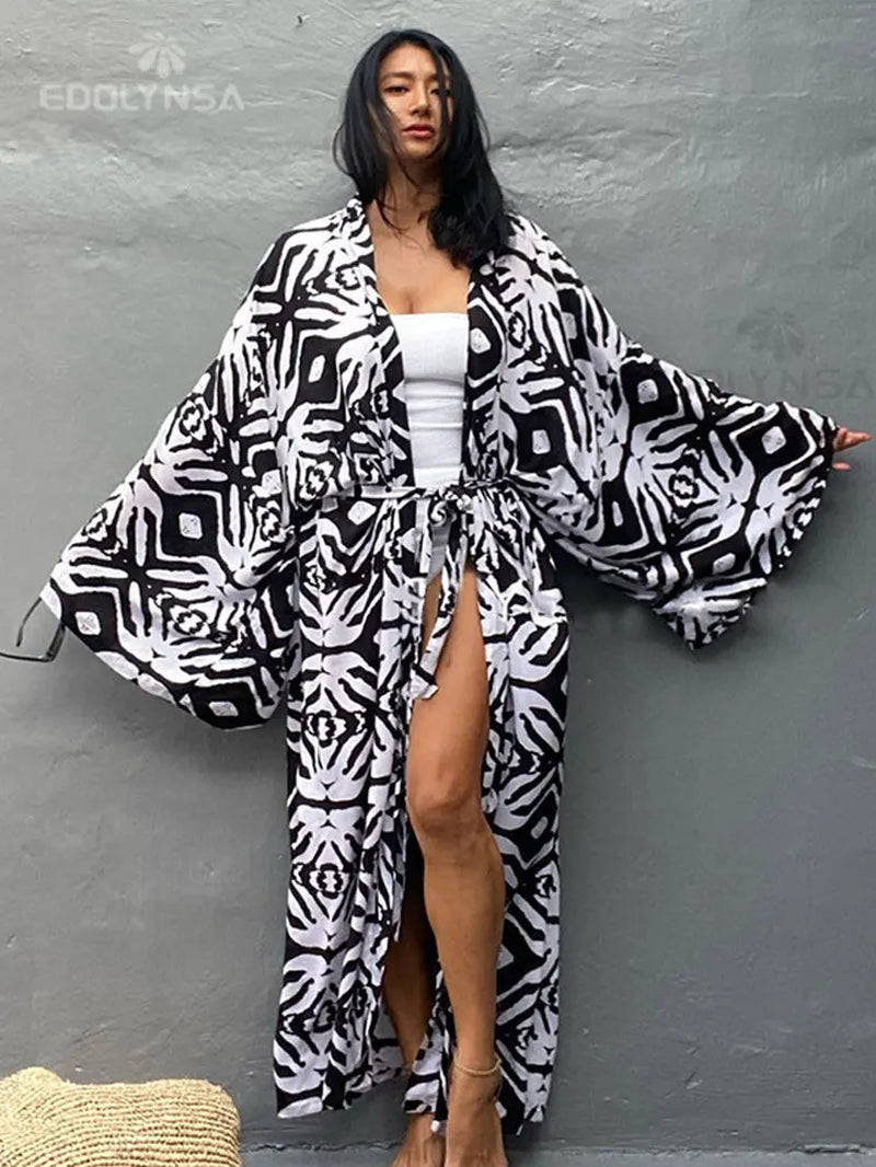 Bohemian Printed Bikini Cover-Ups Elegant Self Belted Kimono Dress Tunic Women plus Size Beach Wear Swim Suit Cover up Q1228