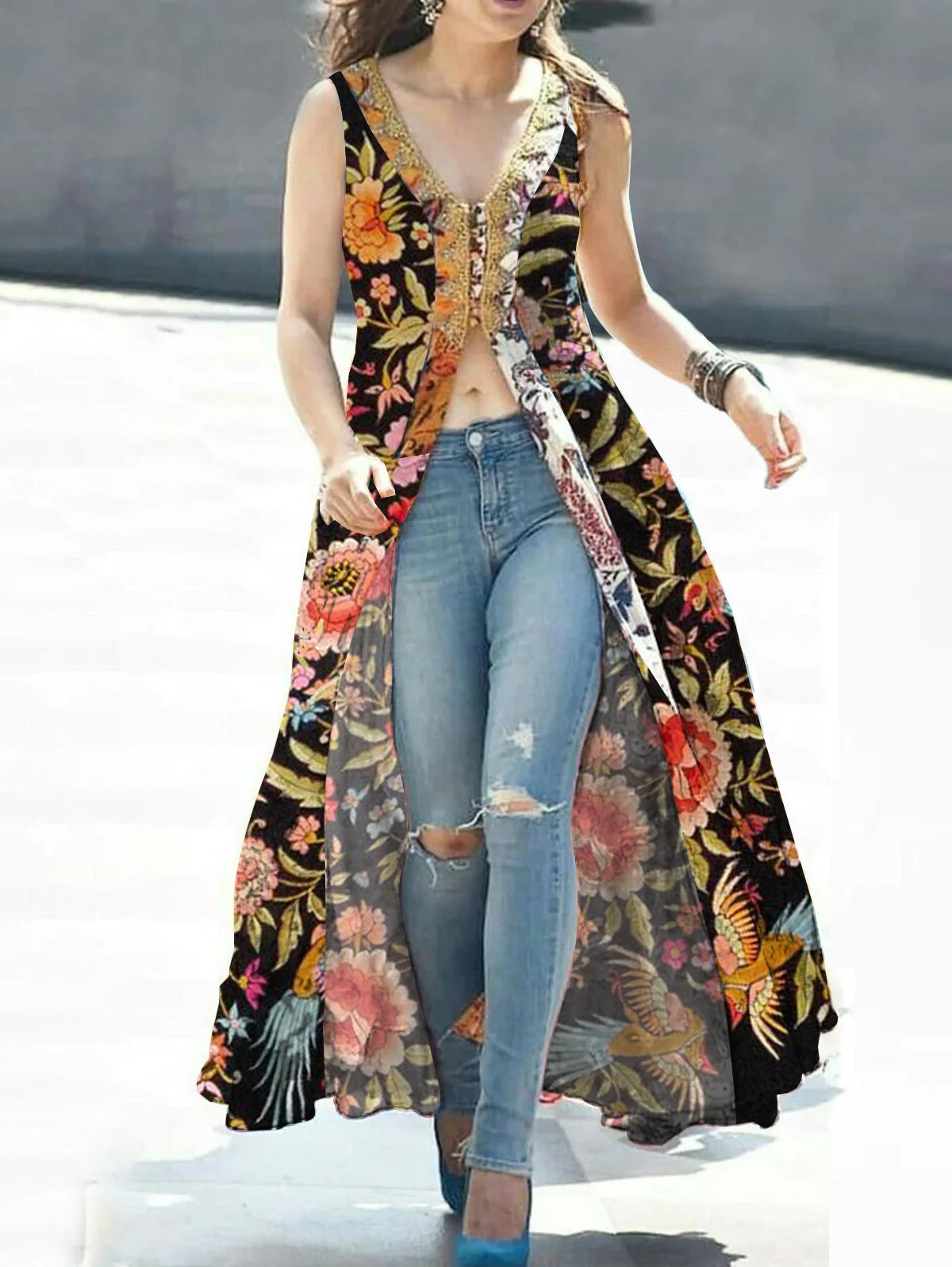 Floral Print Tank Dress for Women Sexy Split V-Neck Sleeveless Indie Folk Vintage Casual High Street Retro Long Dress