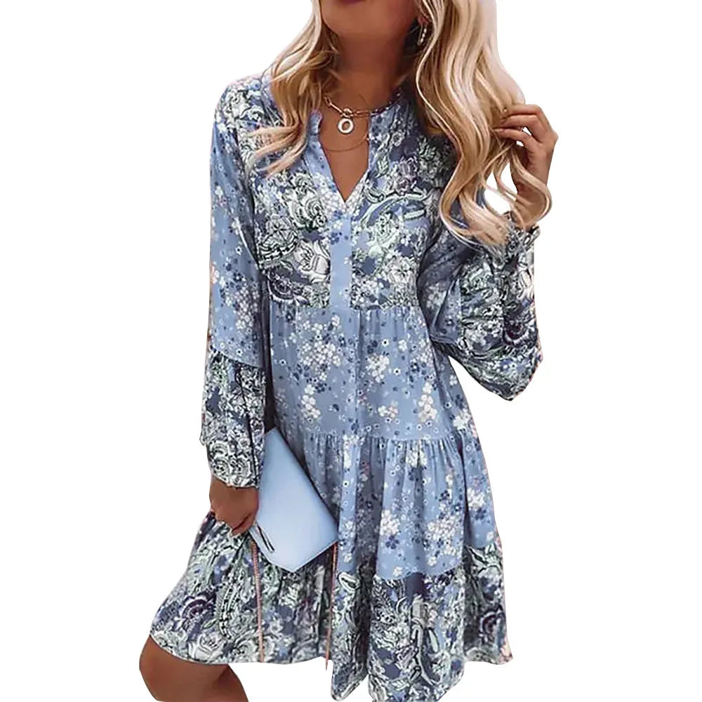 Women'S Casual Floral Print Dress Bohemian V-Neck Loose A-Line Dress Elegant Beach Vacation Style Party Dress Robe Women'S Style