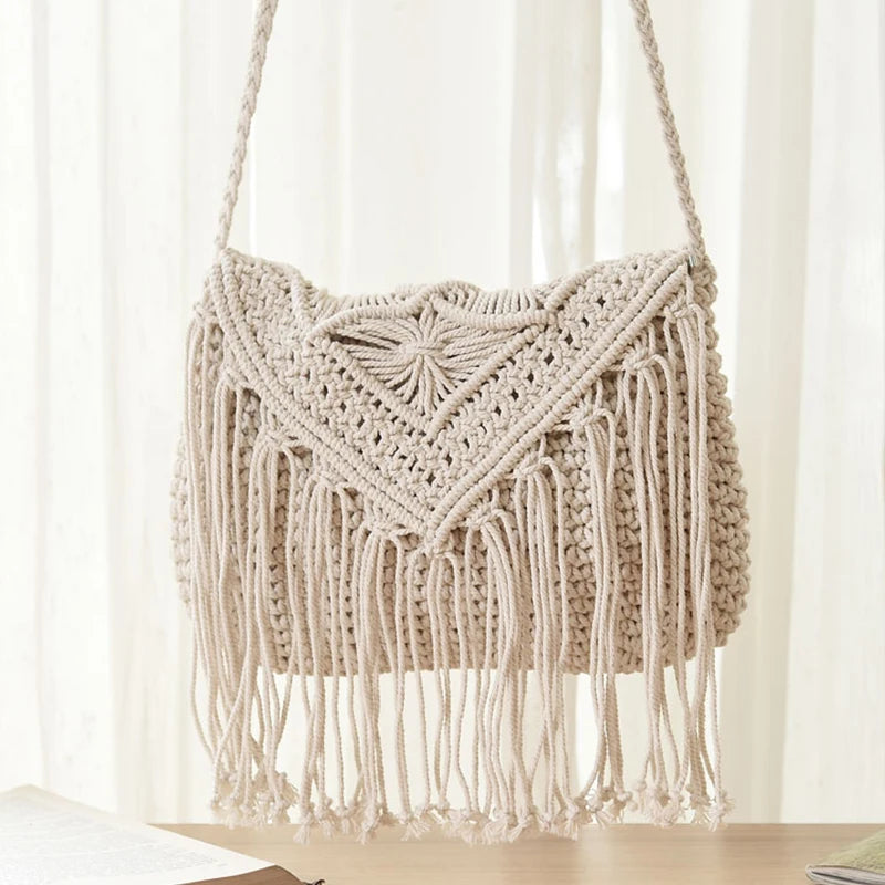 Handmade Cotton Woven Knitted Tassel Crossbody Bag Vintage Shoulder Messenger Bag Female Fashion Beach Summer Handbags for Women