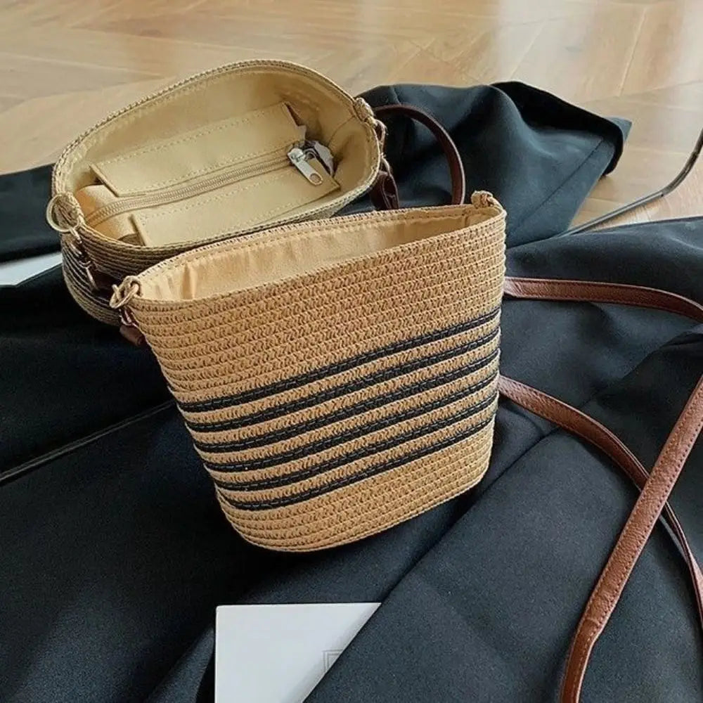 Summer Straw Tote Bags Casual Vacation Beach Crossbody Bag Large Capacity Handmade Women'S Bucket Bag