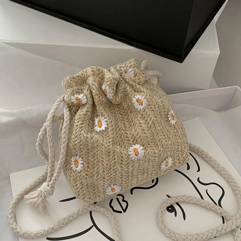 Straw Weave Bucket Bags Rattan Women Summer Beach Shoulder Bags Handbags Totes Casual Handbags Retro Mini Shoulder Messenger Bag