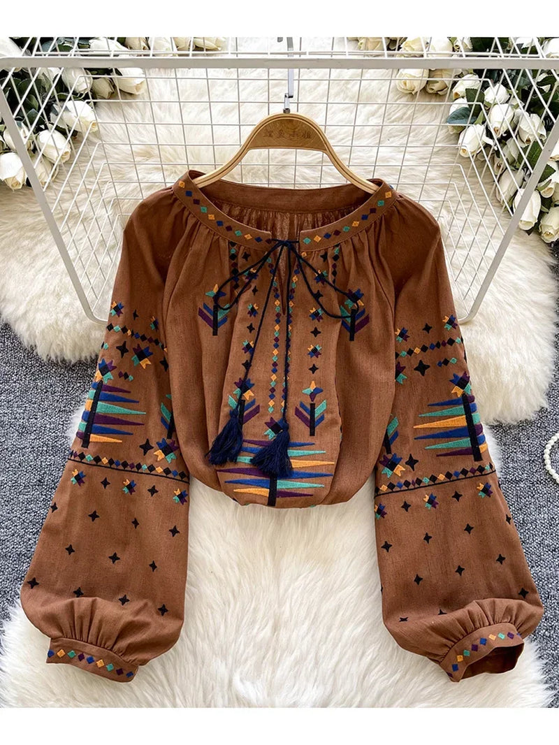 Women'S Spring Autumn Blouse round Neck Lace up Long Sleeved Shirt Embroidered Loose Slimming Casual Pullover Top Trendy BL038