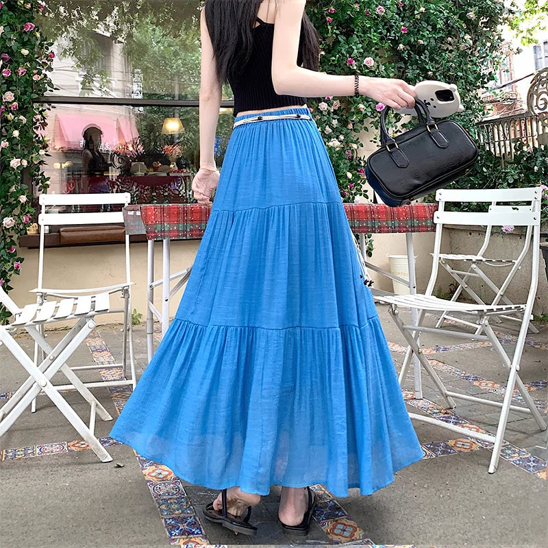 Boho Summer Cotton-Linen Midi Skirt: Flowy A-Line Pleated Long Skirt with Slimming Fit & Hip-Hiding Design for Resort Vacations